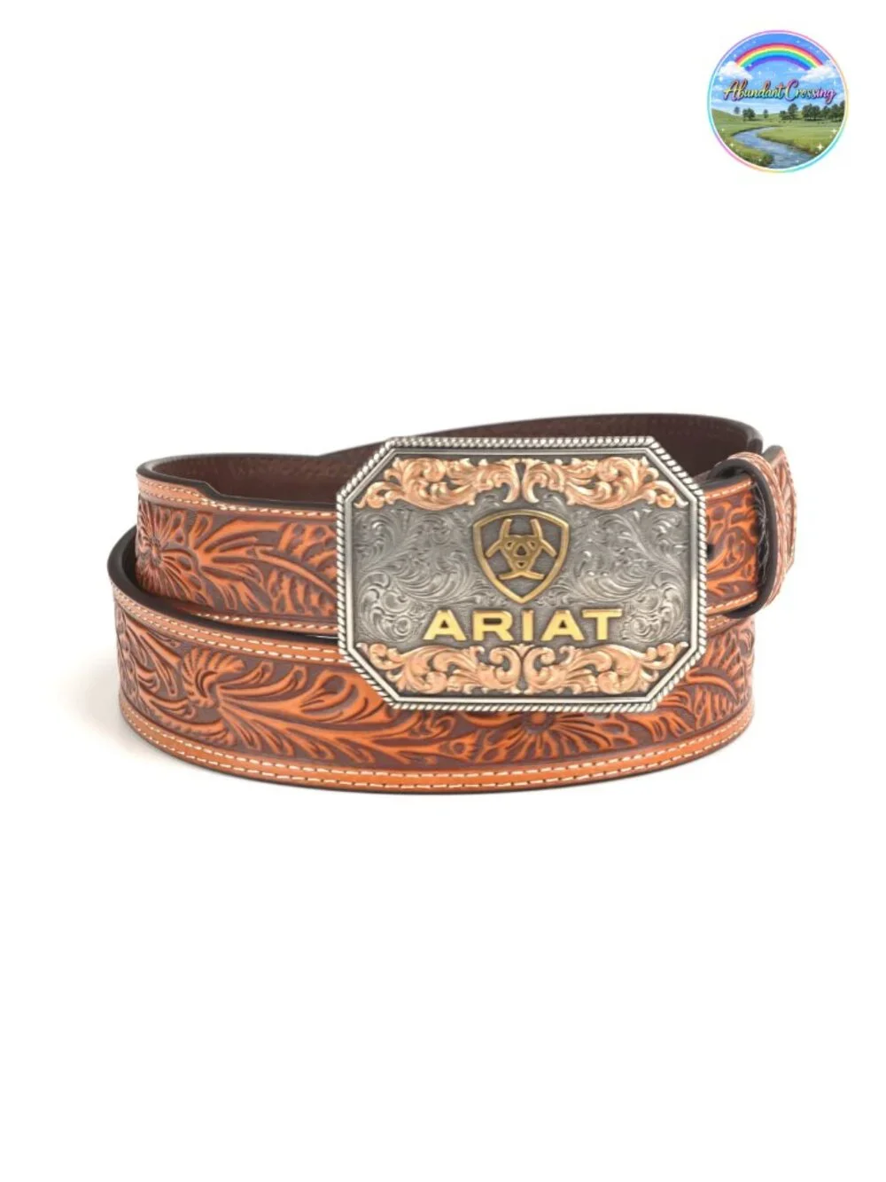 Men's Floral Embossed Leather Belt Tapered Western Two-Tone Buckle